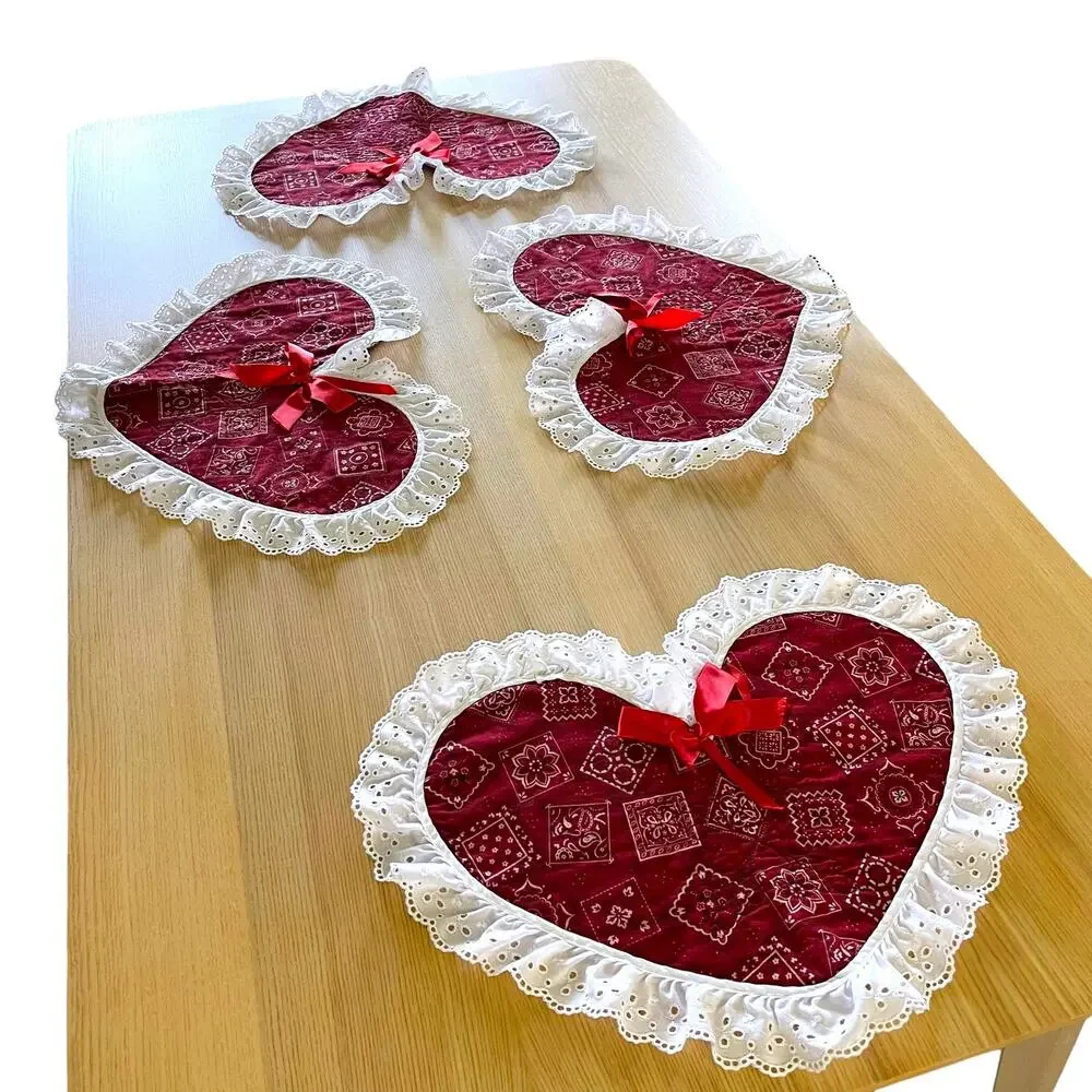 4pc Handmade Reversible Heart Placemats Red Bandana Fall Fabric Cottage
